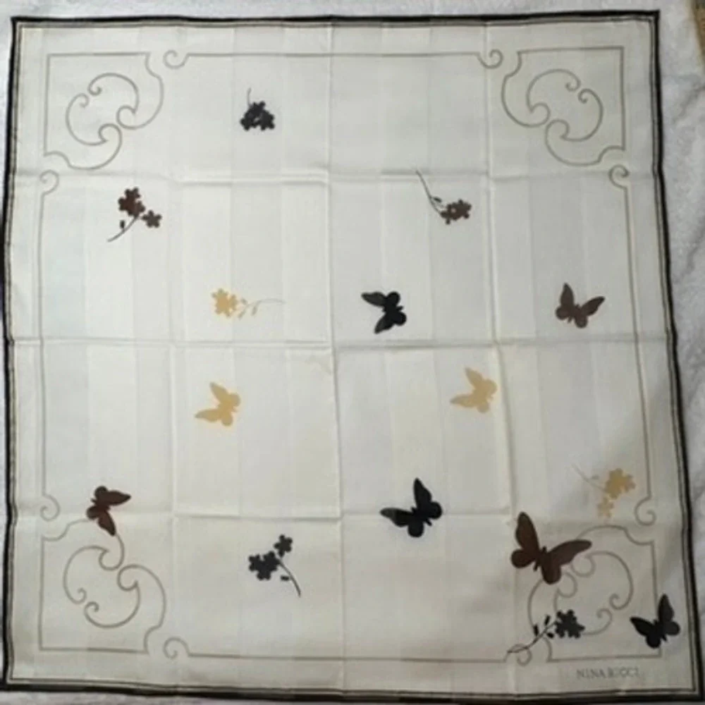 Vtg NINA RICCI Scarf Handkerchief Butterfly Floral Cream Brown Gold 23